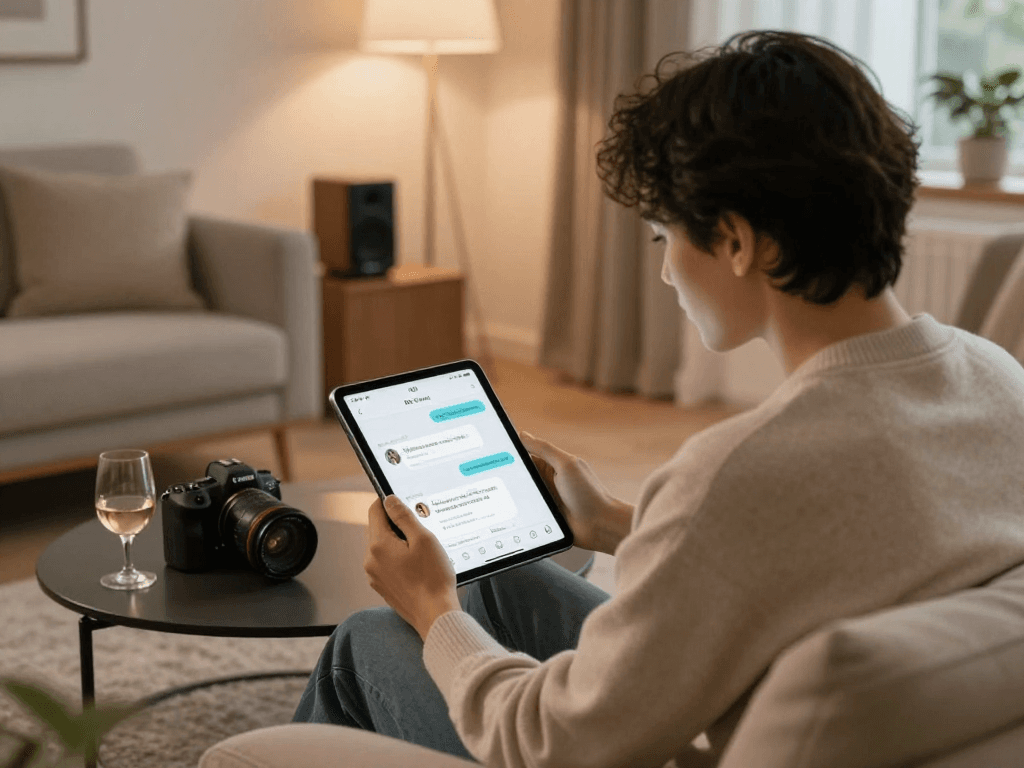 Engaging AI sex technology scene with a couple enjoying personalized interactions through a tablet in a cozy living room.