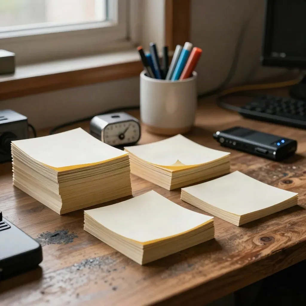 Warm workshop table with blank notes, timer and voice recorder in late afternoon light.