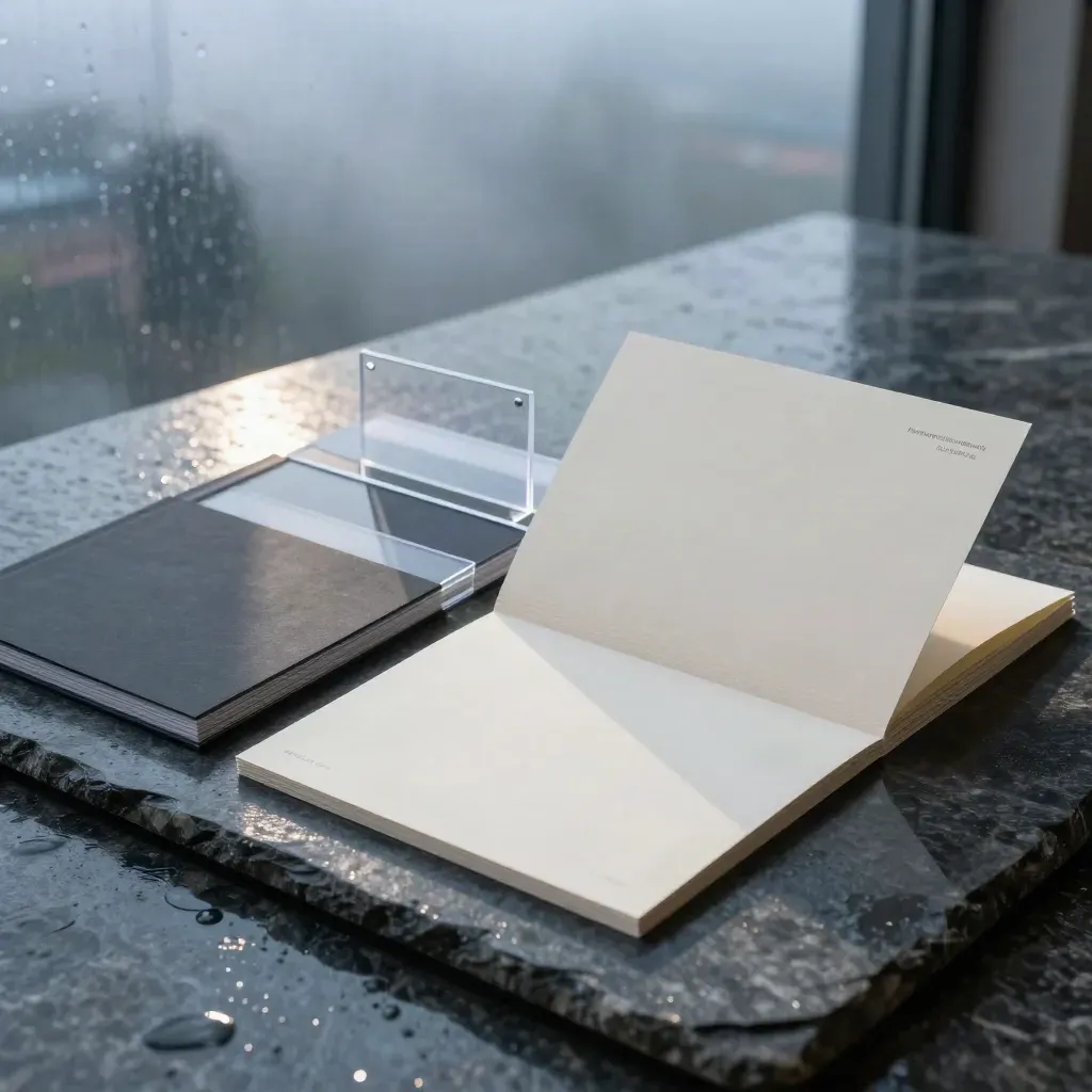 Rain-dark communications studio tableau of proofs, brochure stock and presentation folios