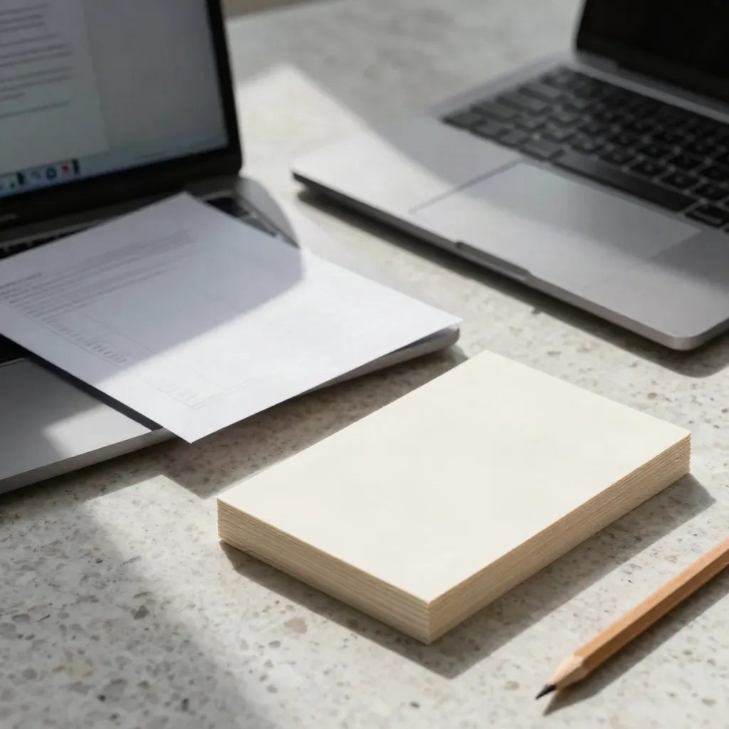 Closed laptop, page proofs and page cards settling on travertine in a sharp website copy editorial still life.