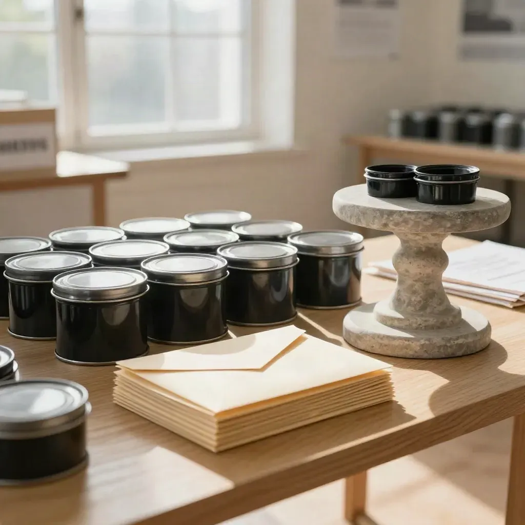 Charity reception table with collection tins, sealed envelopes and donation pedestal in warm window light.