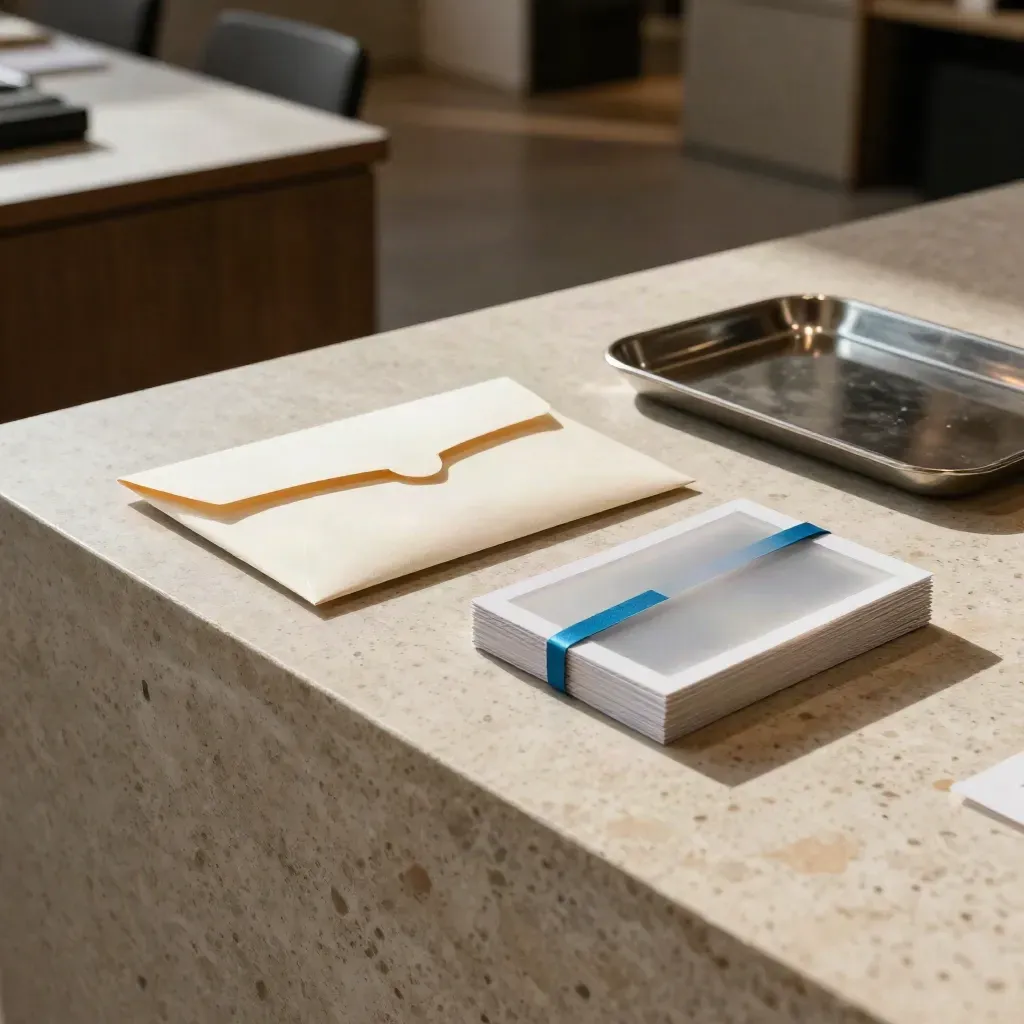 Launch-ready PR kit on a gallery plinth with sealed envelope, sample cube and press desk in moody light.