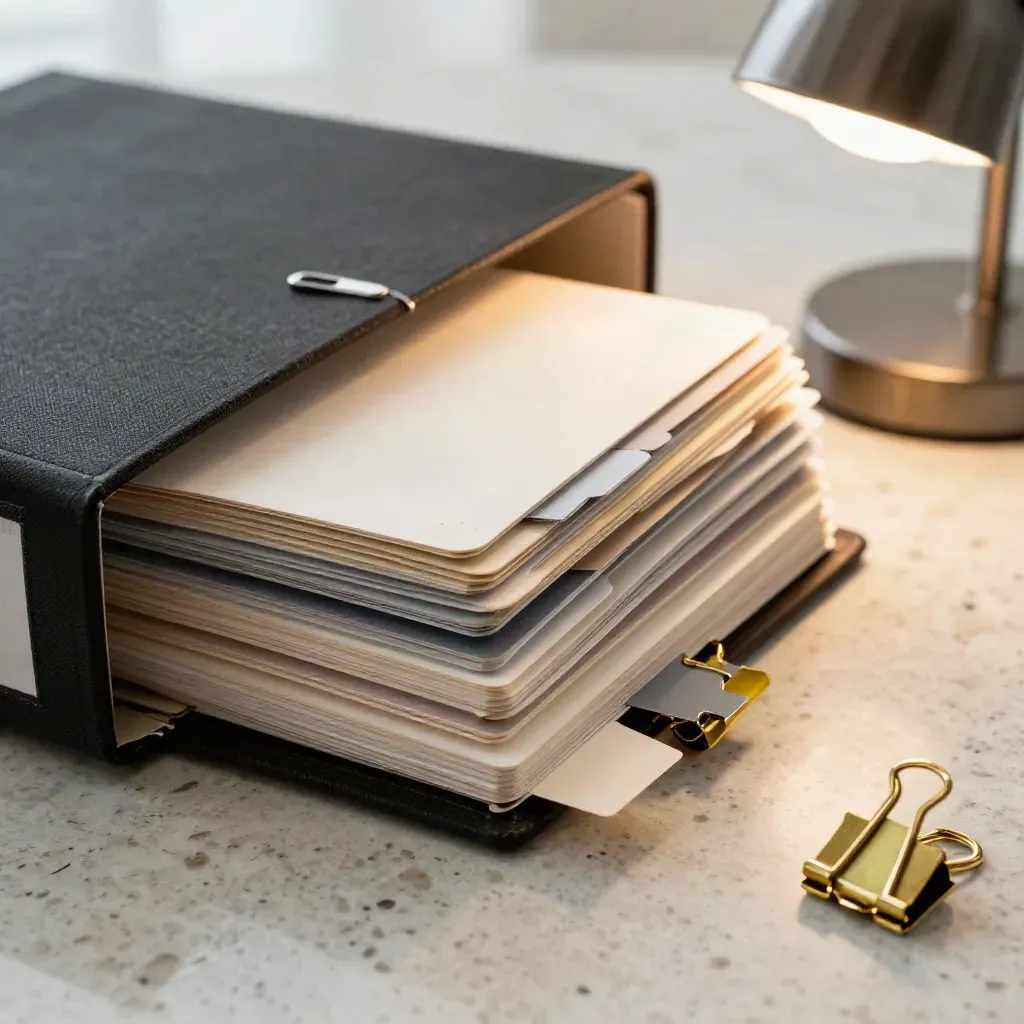 Macro view of tabbed strategy cards, black binders, brass clips and a small concept lamp on travertine.