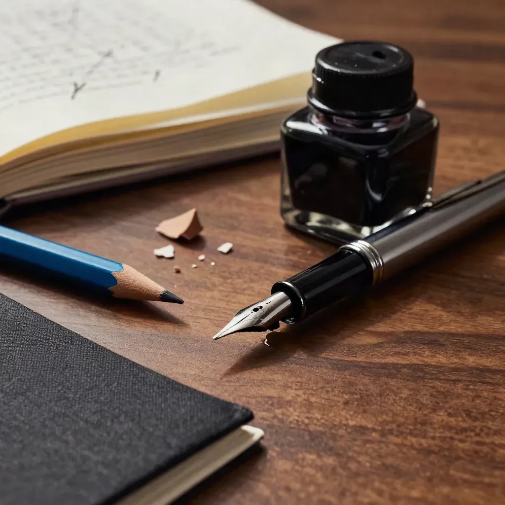 Low-angle still life of a fountain pen nib, ink bottle, blue pencil, and proof stack on walnut.
