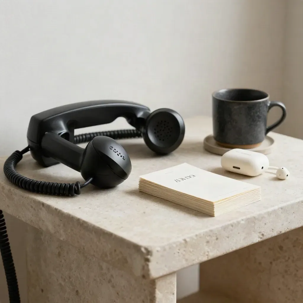 Phone handset with briefing cards, earbud case and mug on pale stone.