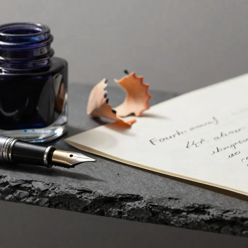 Macro still life of a nib, ink bottle, pencil shavings and proof sheet on a stone shelf.