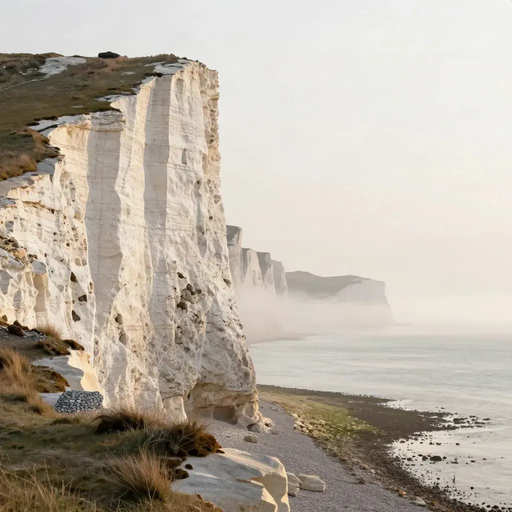 White Cliffs of Dover above a calm pale Channel, sea mist and chalk ground under warm late light.