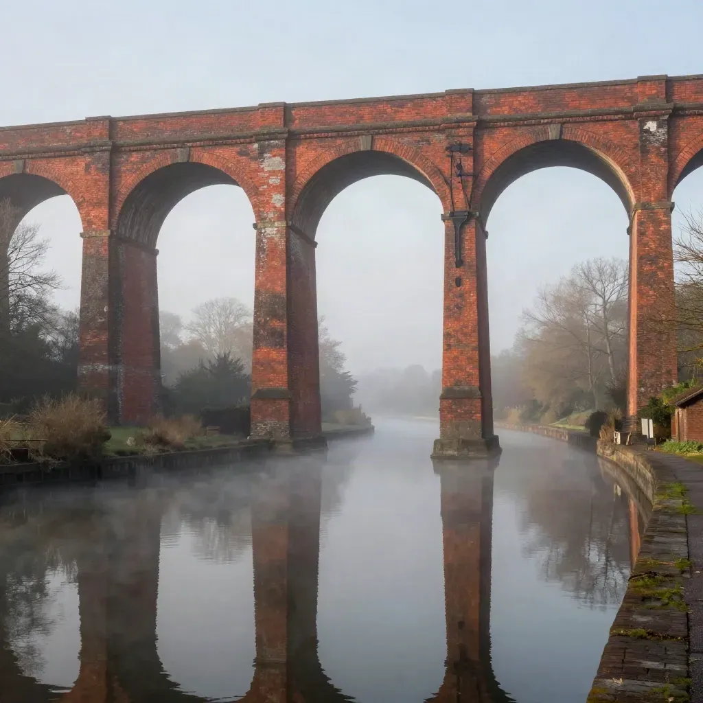 Misty Midlands viaduct over a glassy canal basin at dawn.
