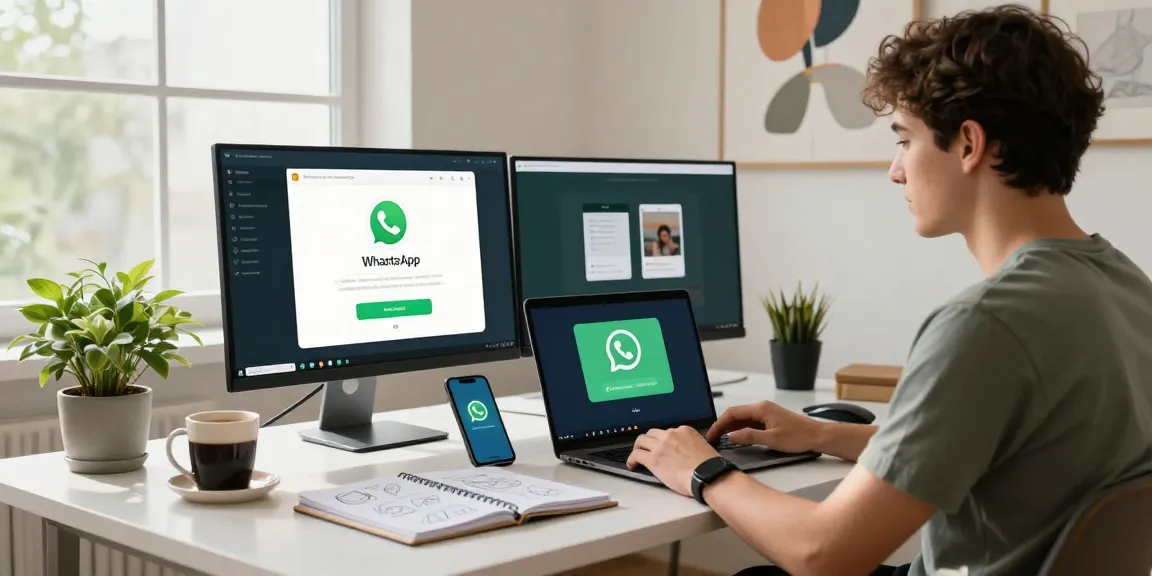 WhatsApp下載 page displayed on a professional's computer in a modern workspace.
