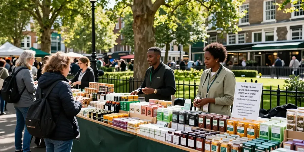Buy THC edibles in UK at a vibrant London marketplace featuring diverse products and friendly vendors.